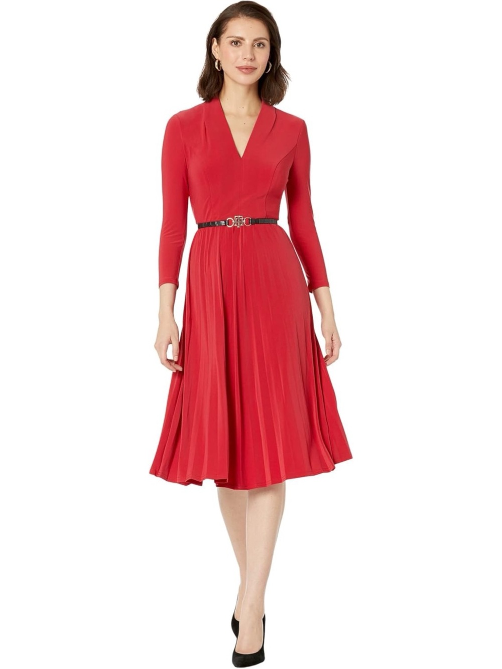 Tommy Hilfiger Long Sleeve V-Neck Jersey Dress Pleated Skirt Knee Length